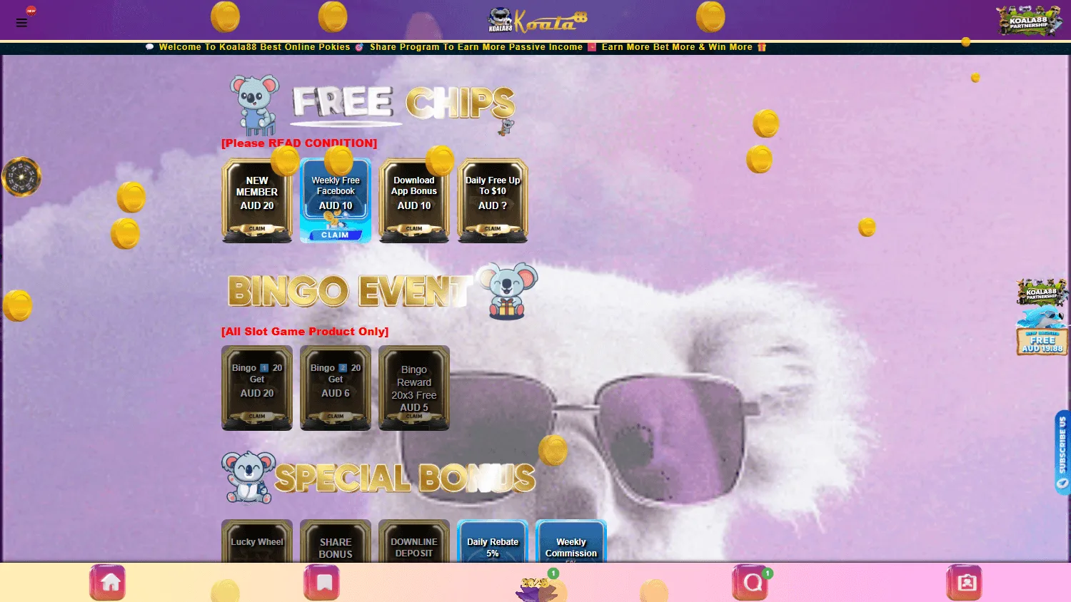 Koala88 Casino desktop promotions with the welcome bonus, reload bonuses and promotional activities