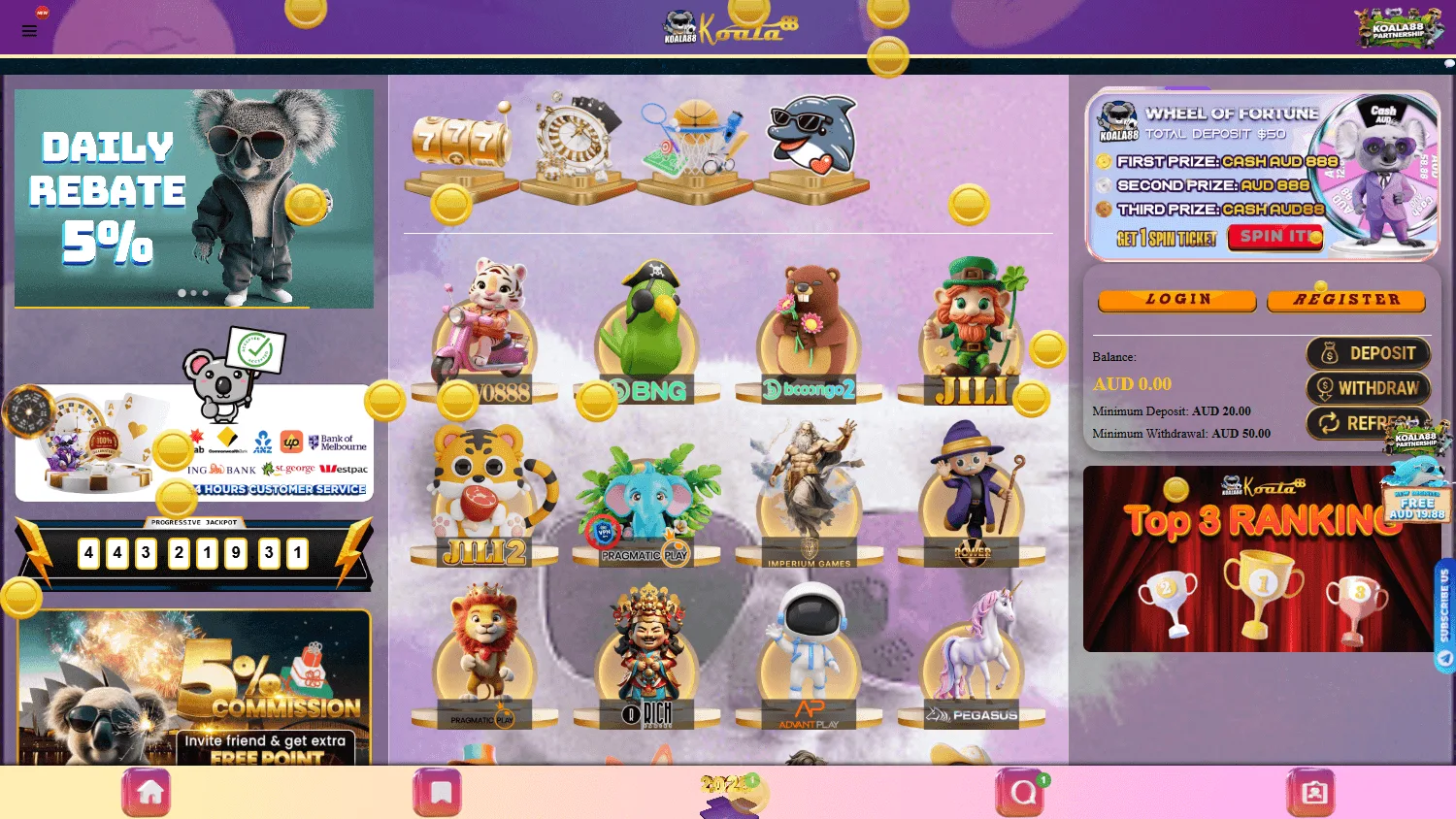 Koala88 Casino desktop home with the welcome offer, casino categories and Australian payment choices