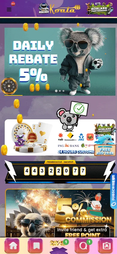 Koala88 Casino mobile home with access to games, payments and the welcome package